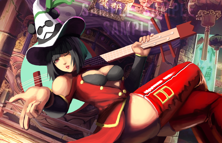 ;3 adapted_costume arc_system_works arcade_stick_template bare_shoulders bass_guitar black_bra blazblue blowing_kiss blunt_bangs bob_cut boots bra breasts cleavage commentary commission company_connection cosplay crossed_legs detached_sleeves dress dudeunderscore eyelashes female floating guilty_gear hat highres i-no instrument lao_jiu lips lipstick litchi_faye_ling litchi_faye_ling_(cosplay) makeup one_eye_closed photoshop_(medium) red_eyes red_footwear revision salute short_dress short_hair solo thigh_boots thighs two-finger_salute unbuttoned underwear witch_hat