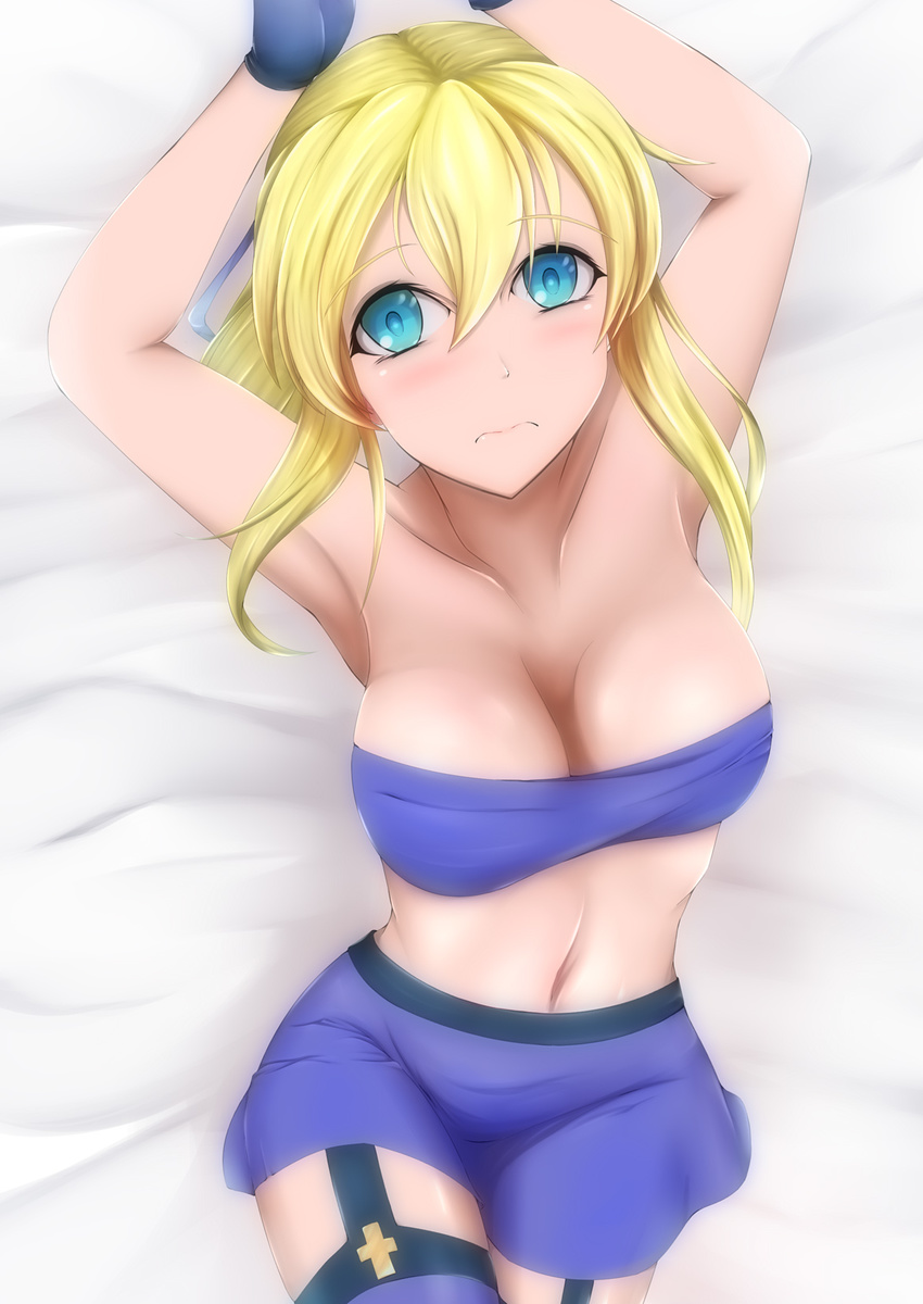 arc_system_works bare_shoulders blonde_hair blue_bra blue_eyes blue_legwear blue_skirt blush bra breasts female garter_straps garters guilty_gear ky_kiske kyko lying m.u.g.e.n midnight_bliss ribbon rule_63