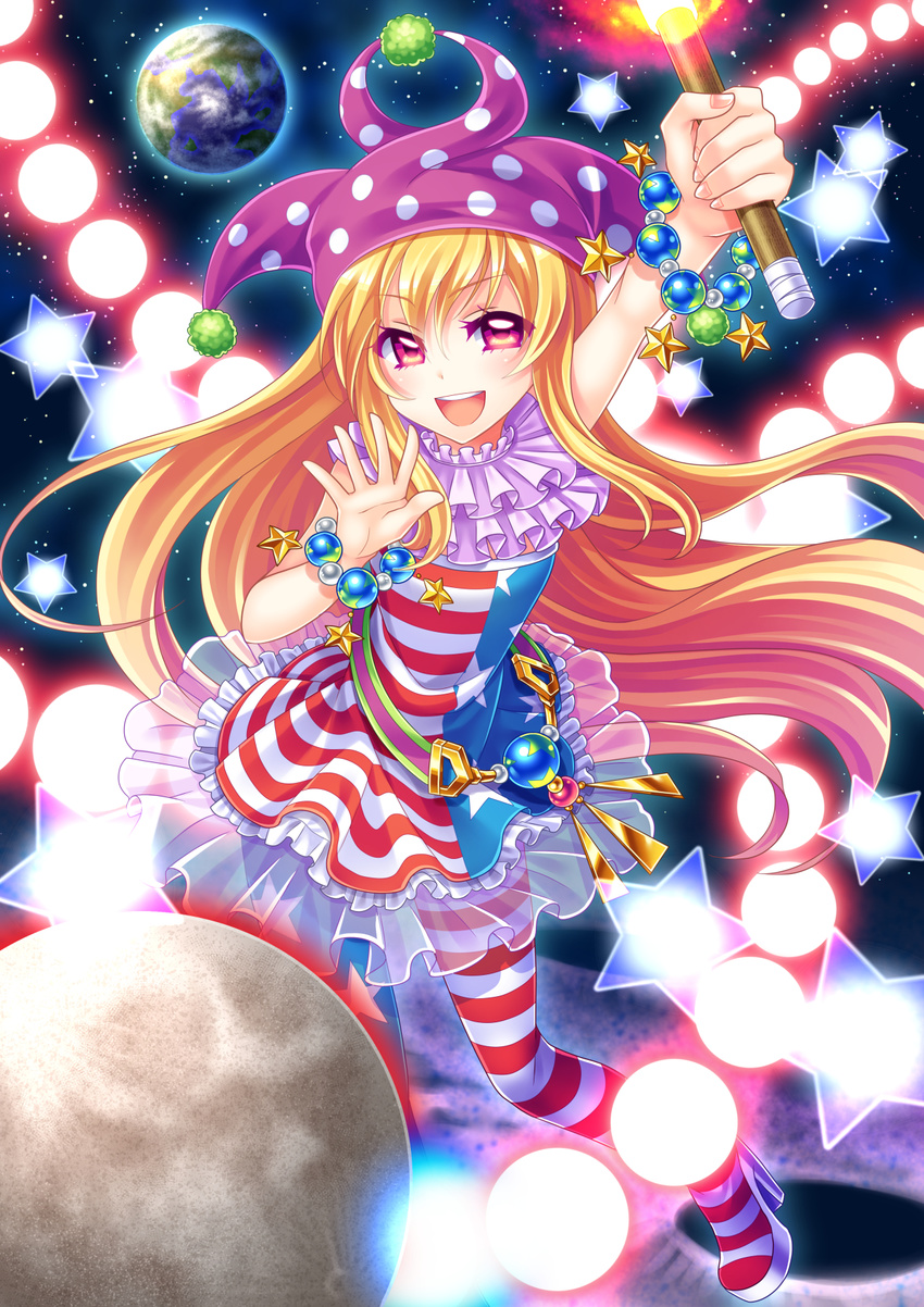 american_flag_dress american_flag_legwear arm_up belt blonde_hair blush bracelet clownpiece commentary_request danmaku earth_(planet) embellished_costume female fire frilled_shirt_collar frills full_body hat high_heels highres jester_cap jewelry long_hair looking_at_viewer moon neck_ruff open_mouth outstretched_arm pantyhose planet polka_dot print_pantyhose purple_eyes see-through shirt shoes sleeveless smile solo soraeda star_(sky) star_(symbol) striped_clothes striped_pantyhose teeth torch touhou very_long_hair wavy_mouth