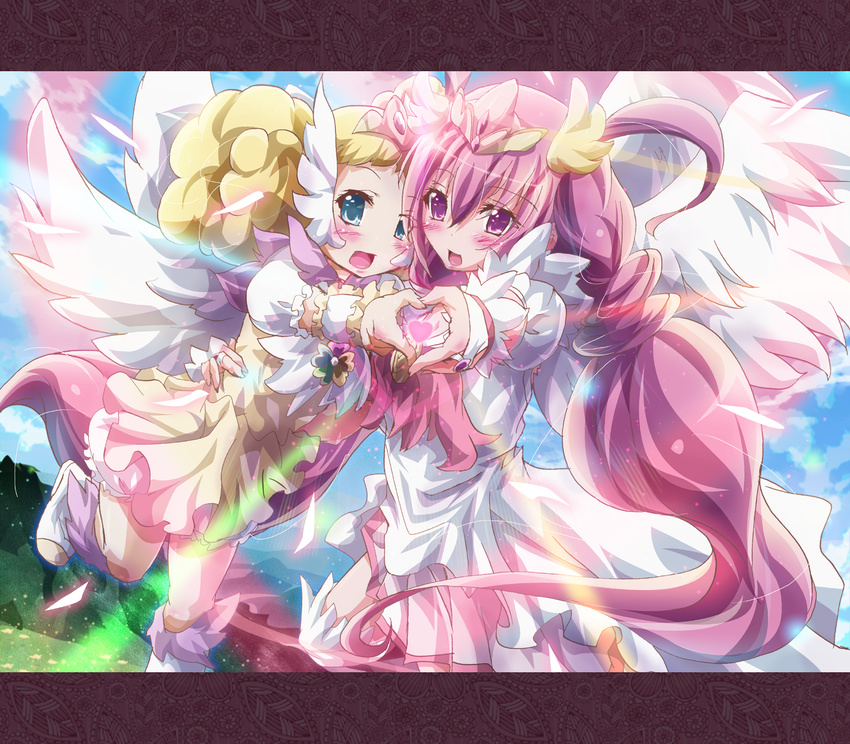 2girls antenna_hair blonde_hair bloomers blue_eyes candy_(smile_precure!) commentary_request cure_happy cure_happy_(princess_form) hair_bun head_wings heart heart_hands heart_hands_duo highres hoshizora_miyuki inoshishi_(ikatomo) letterboxed long_hair magical_girl multiple_girls pink_eyes pink_hair pink_skirt precure royal_candy single_hair_bun skirt smile smile_precure tiara twintails underwear white_bloomers wings