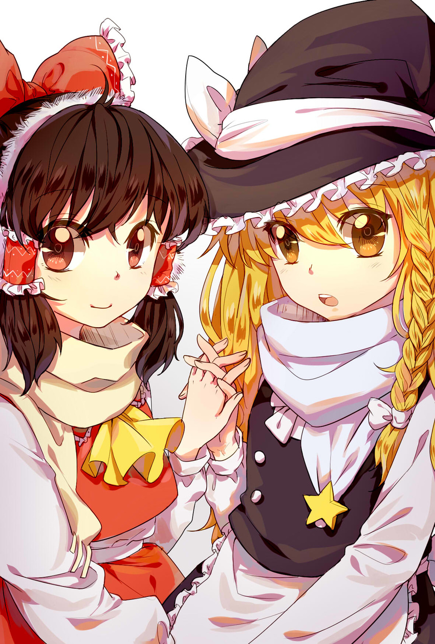 2girls apron ascot blonde_hair bow braid brown_eyes brown_hair commentary_request earmuffs fox_(770205490) gradient_background hair_ribbon hair_tubes hairbow hakurei_reimu hat hat_ribbon highres holding_hands interlocked_fingers japanese_clothes kirisame_marisa long_hair long_sleeves looking_at_viewer miko multiple_girls open_mouth red_eyes ribbon scarf shirt side_braid single_braid skirt skirt_set smile star_(symbol) touhou turtleneck upper_body waist_apron witch_hat