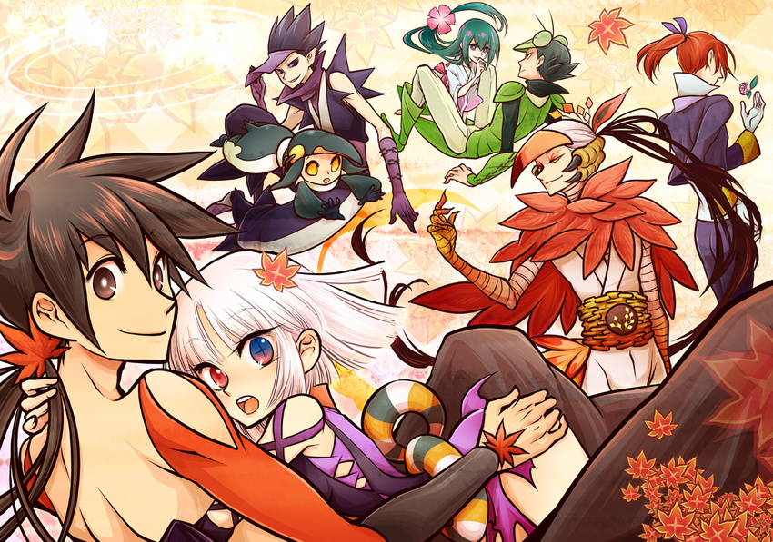 2girls 6+boys brown_hair commentary_request green_hair hat heterochromia japanese_clothes katanagatari leaf long_hair maniwa_houou maniwa_kamakiri maniwa_koumori maniwa_pengin misuke_(gyouran) multiple_boys multiple_girls purple_eyes purple_hair red_eyes red_hair souda_emonzaemon togame visor_cap white_hair yasuri_nanami yasuri_shichika