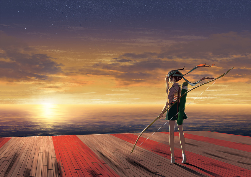 arrow_(projectile) bow_(weapon) brown_hair commentary_request female hachimaki headband hiryuu_(kancolle) japanese_clothes kantai_collection looking_at_viewer outdoors quiver short_hair smile socks solo sunset weapon yonasawa