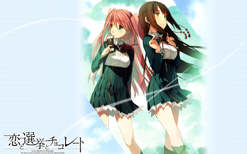 akinashi_yuu brown_hair green_eyes koi_to_senkyo_to_chocolate pink_hair seifuku shinonome_satsuki sumiyoshi_chisato