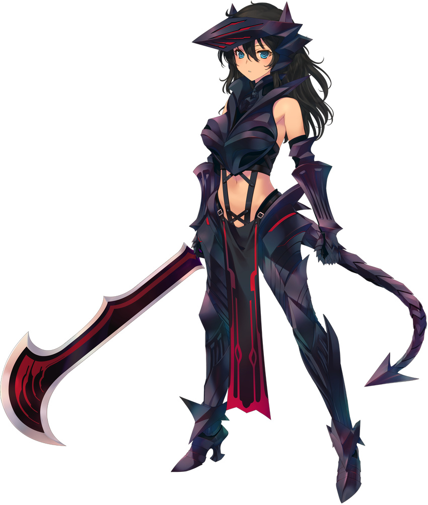 aquaplus armor armored_boots black_hair blue_eyes boots bou_(inubou) breastplate dark-skinned_female dark_skin dungeon_travelers_2 female full_body gauntlets grisherina_efleanor helmet highres holding holding_weapon long_hair looking_at_viewer midriff pelvic_curtain solo standing sword transparent_background weapon