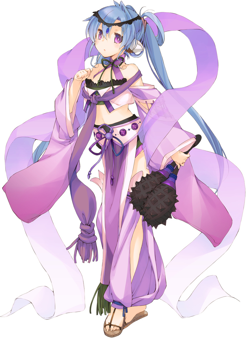 :o aquaplus blue_hair breasts bright_pupils cleavage clenched_hand dancer dungeon_travelers_2 female full_body highres holding ist kokonoka large_breasts long_hair midriff official_art purple_eyes sandals solo transparent_background