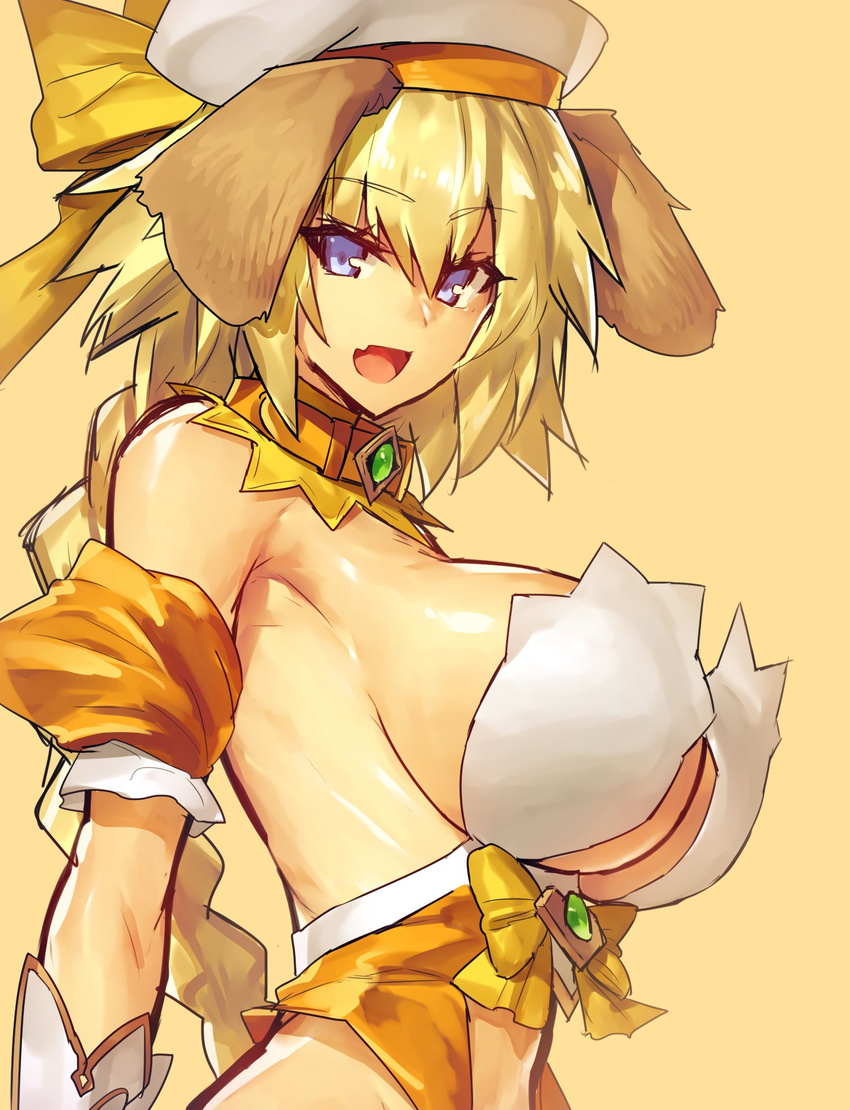 :d alternate_costume animal_ears armpits bare_shoulders blonde_hair blue_eyes braid breasts collar commentary_request detached_sleeves dog_ears eyebrows fate/apocrypha fate_(series) female from_side gloves hat highres jeanne_d'arc_(april_magical)_(fate) jeanne_d'arc_(fate) kemonomimi_mode large_breasts long_hair looking_at_viewer looking_to_the_side melon22 oerba_yun_fang open_mouth puffy_short_sleeves puffy_sleeves revealing_clothes rojiura_satsuki:_chapter_heroine_sanctuary short_sleeves sideboob single_braid smile solo underboob upper_body white_gloves