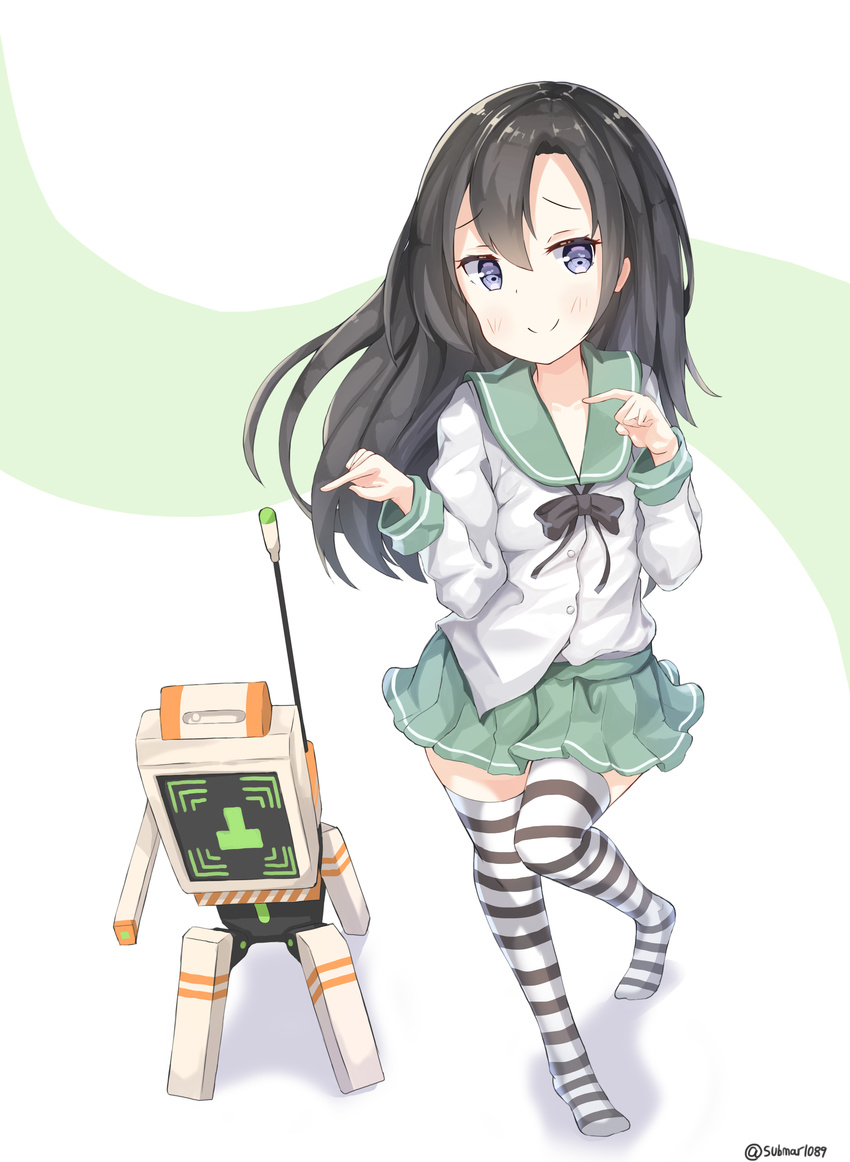 absurdres black_hair black_thighhighs blue_eyes blush closed_mouth commentary english_commentary fairy_(girls'_frontline) female girls'_frontline green_skirt highres long_hair no_shoes non-humanoid_robot pointing pointing_to_the_side robot school_uniform serafuku skirt smile sob_(submar1089) solo striped_clothes striped_thighhighs taunt_fairy_(girls'_frontline) thighhighs training_drone_(girls'_frontline) white_thighhighs