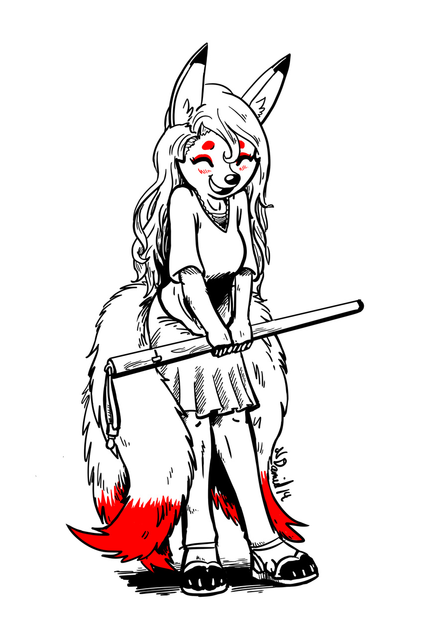 2:3 3_tails anthro blind blush bottomwear canid canine chloe_placeholder closed_eyes clothing disability female fox hair hi_res latchkey_kingdom long_hair mammal multi_tail p5ych simple_background skirt smile solo tail white_background yuman