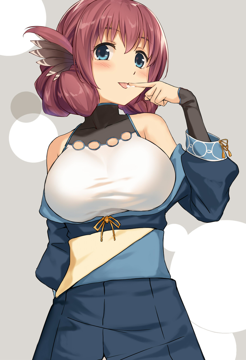 animal_ears bad_id bad_pixiv_id bare_shoulders blue_eyes blush breasts brown_hair cccpo detached_sleeves female finger_to_mouth gauntlets highres japanese_clothes large_breasts licking licking_finger looking_at_viewer nosuri obi sash solo tongue tongue_out utawarerumono utawarerumono:_itsuwari_no_kamen