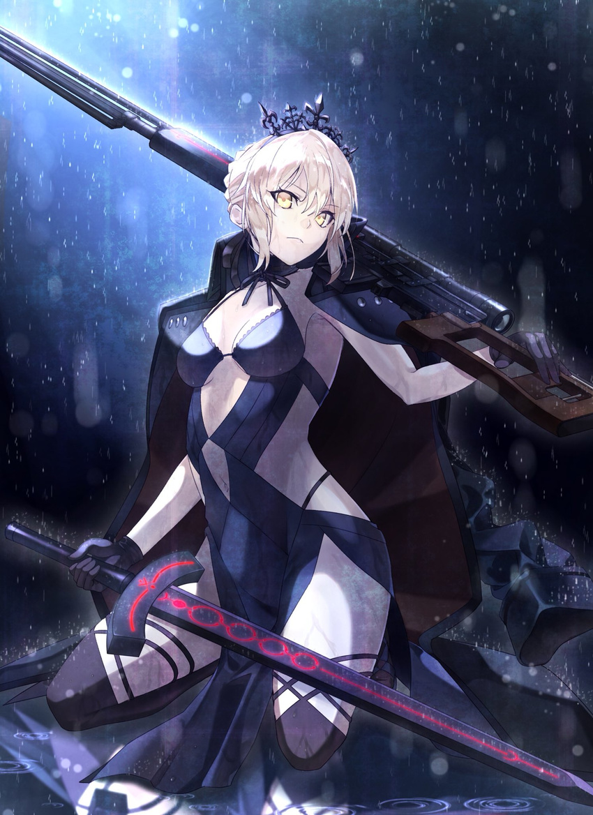 akamiso_(k074510) artoria_pendragon_(alter_swimsuit_rider)_(fate) artoria_pendragon_(alter_swimsuit_rider)_(third_ascension)_(fate) artoria_pendragon_(fate) blonde_hair braid clothing_cutout commentary_request fate/grand_order fate_(series) female gun highres jacket jacket_on_shoulders kneeling navel_cutout night rain reflection rifle solo sword tiara water_drop weapon yellow_eyes