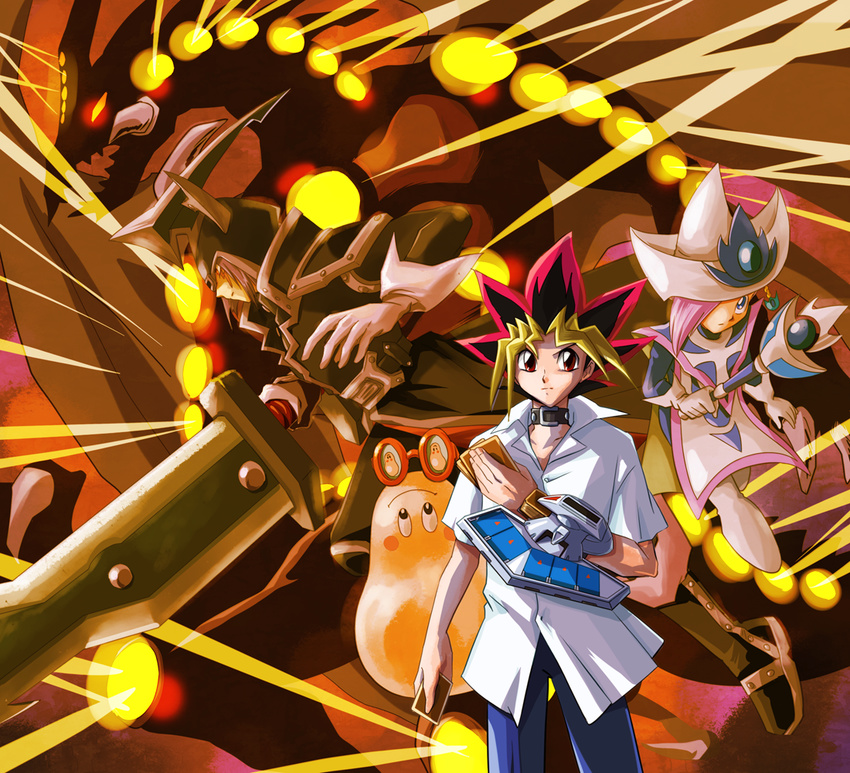 2boys ashi_ura blonde_hair blue_eyes boots commentary dragon duel_disk duel_monster dyed_bangs female gandora_the_dragon_of_destruction gloves hat marshmallon marshmallon_glasses monster multicolored_hair multiple_boys muto_yugi school_uniform silent_magician silent_magician_lv4 silent_swordsman smile weapon yu-gi-oh! yu-gi-oh!_duel_monsters