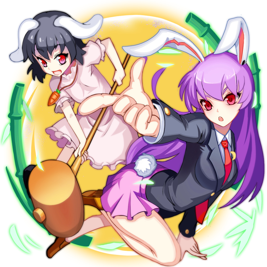 2girls animal_ears bamboo black_hair commentary dress finger_gun fps full_moon glowing glowing_eyes hammer inaba_tewi jacket jewelry long_hair long_sleeves looking_at_viewer miniskirt moon multiple_girls necklace necktie open_mouth outstretched_arm pink_dress puffy_sleeves purple_hair rabbit_ears rabbit_girl rabbit_tail red_eyes reisen_udongein_inaba shirt shoes short_hair short_sleeves skirt smile tail touhou white_background