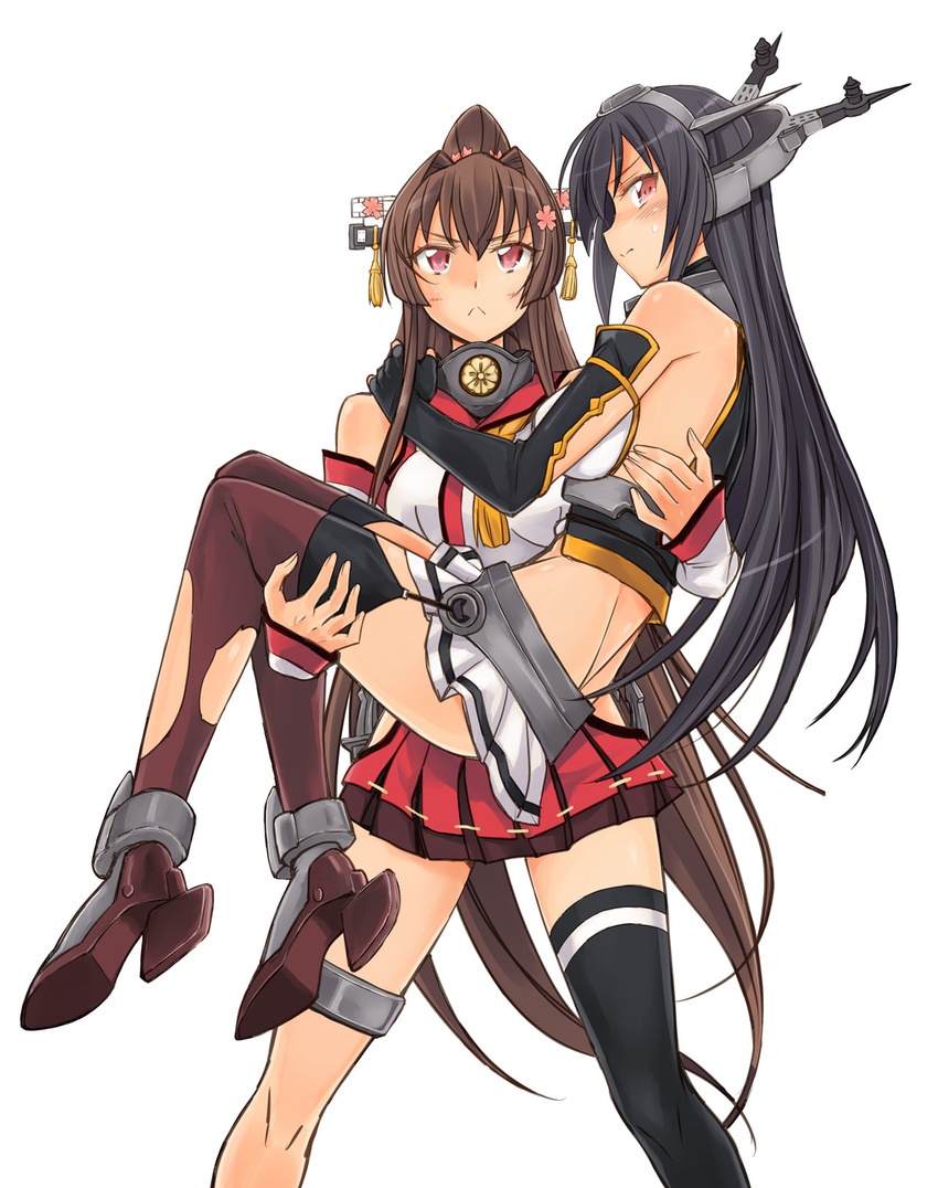 2girls :< asymmetrical_legwear bare_shoulders black_hair black_thighhighs bonza breasts brown_hair brown_legwear carrying cleavage closed_mouth commentary_request detached_sleeves elbow_gloves embarrassed fingerless_gloves from_side gloves hair_between_eyes hair_intakes hair_ornament headgear high_heels high_ponytail highres kantai_collection large_breasts long_hair long_sleeves looking_at_viewer medium_breasts midriff miniskirt multiple_girls nagato_(kancolle) photoshop_(medium) pleated_skirt ponytail princess_carry red_eyes serious simple_background single_thighhigh skirt thighhighs torn_clothes torn_thighhighs uneven_legwear v-shaped_eyebrows very_long_hair wavy_mouth white_background yamato_(kancolle)