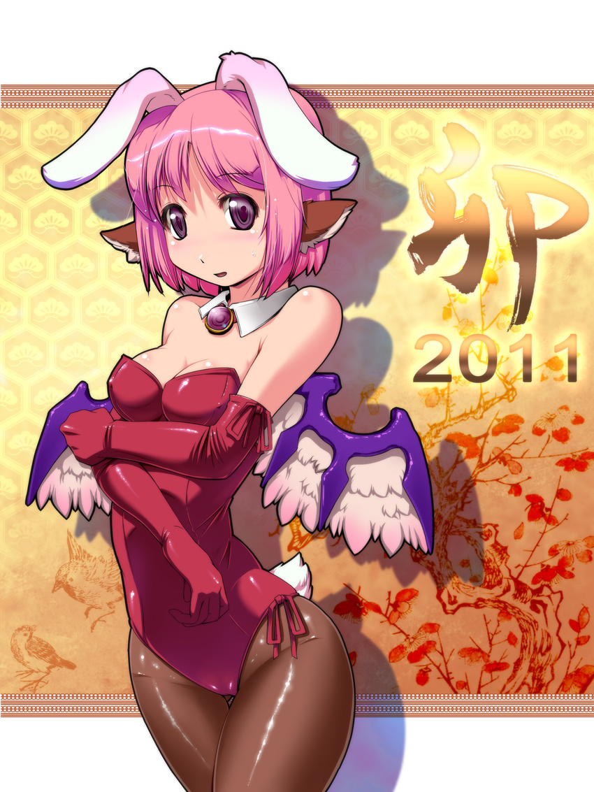 2011 absurdres animal_ears commentary_request elbow_gloves female gloves highres mystia_lorelei new_year pantyhose photoshop_(medium) pink_hair playboy_bunny rabbit_ears short_hair solo touhou wings you_naka