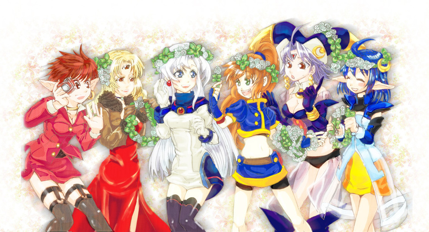 6+girls bad_id bad_pixiv_id bike_shorts blonde_hair blue_eyes blue_hair breasts brown_hair celine_jules chisato_madison crescent crescent_hair_ornament crop_top gloves green_eyes hair_ornament hinogami_sawori long_hair midriff miniskirt multiple_girls opera_vectra pointy_ears precis_neumann rena_lanford rival_(star_ocean) short_hair skirt smile star_ocean star_ocean_blue_sphere star_ocean_the_second_story thighhighs