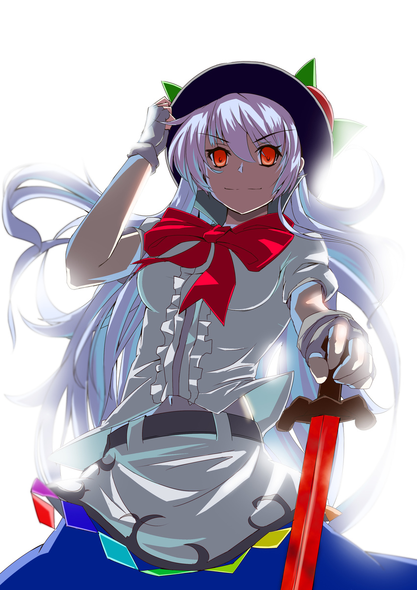 absurdres backlighting blue_hair commentary_request female fingerless_gloves food fps fruit gloves hat highres hinanawi_tenshi long_hair looking_at_viewer navel peach photoshop_(medium) puffy_sleeves red_eyes ribbon shirt short_sleeves simple_background skirt smile solo sword_of_hisou touhou white_background