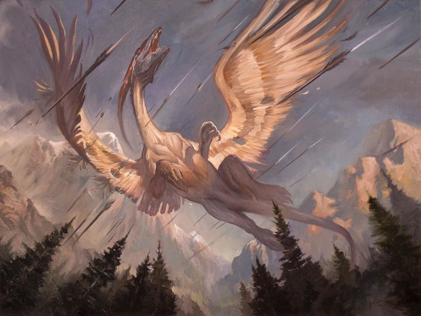 arrow_(disambiguation) claws detailed_background dragon feathered_dragon feathered_scalie feathered_wings feathers featureless_crotch feral flying hasbro long_neck long_tail low-angle_view lucas_graciano magic:_the_gathering mountain mythological_creature mythological_scalie mythology official_art oil_painting_(artwork) open_mouth painting_(artwork) scalie solo tail traditional_media_(artwork) wings wizards_of_the_coast