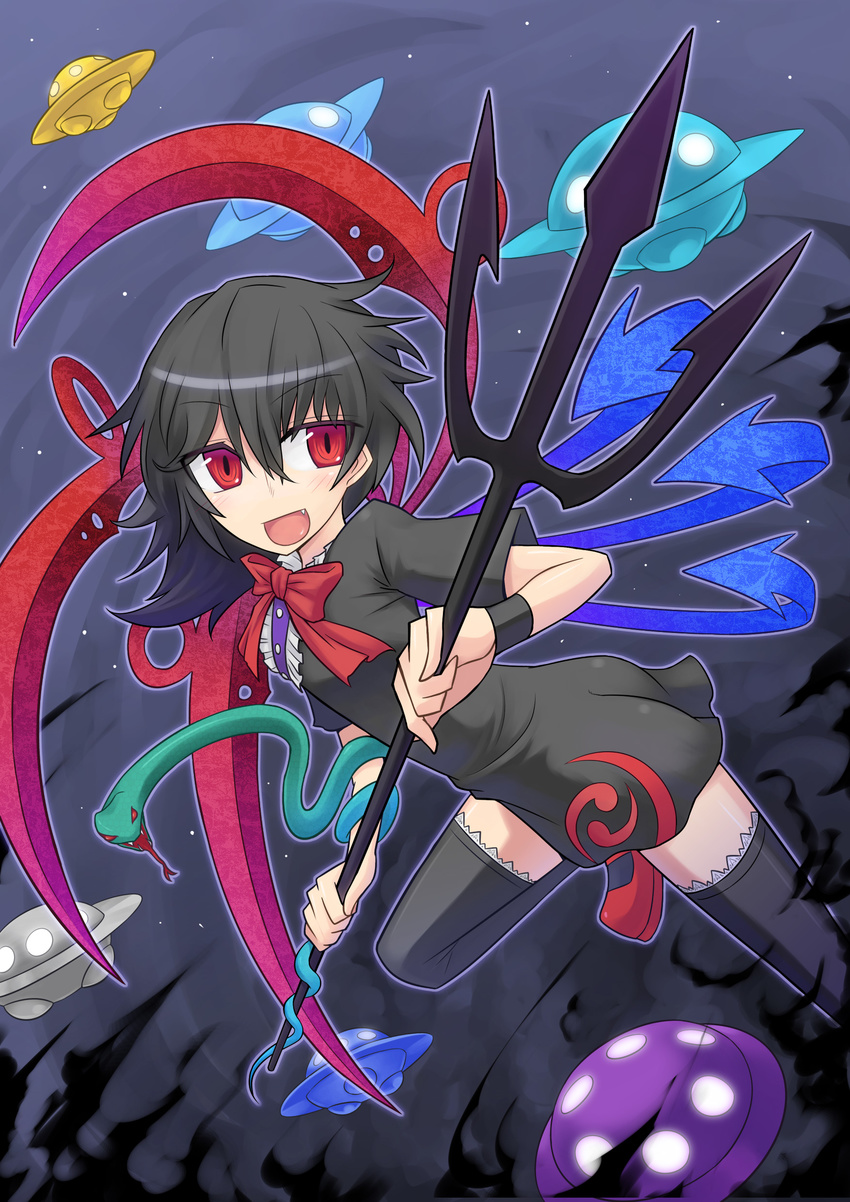 absurdres ass asymmetrical_wings black_hair black_thighhighs commentary_request dress female highres houjuu_nue kurakumo_nue oerba_yun_fang polearm red_eyes snake solo thighhighs touhou trident ufo weapon wings zettai_ryouiki