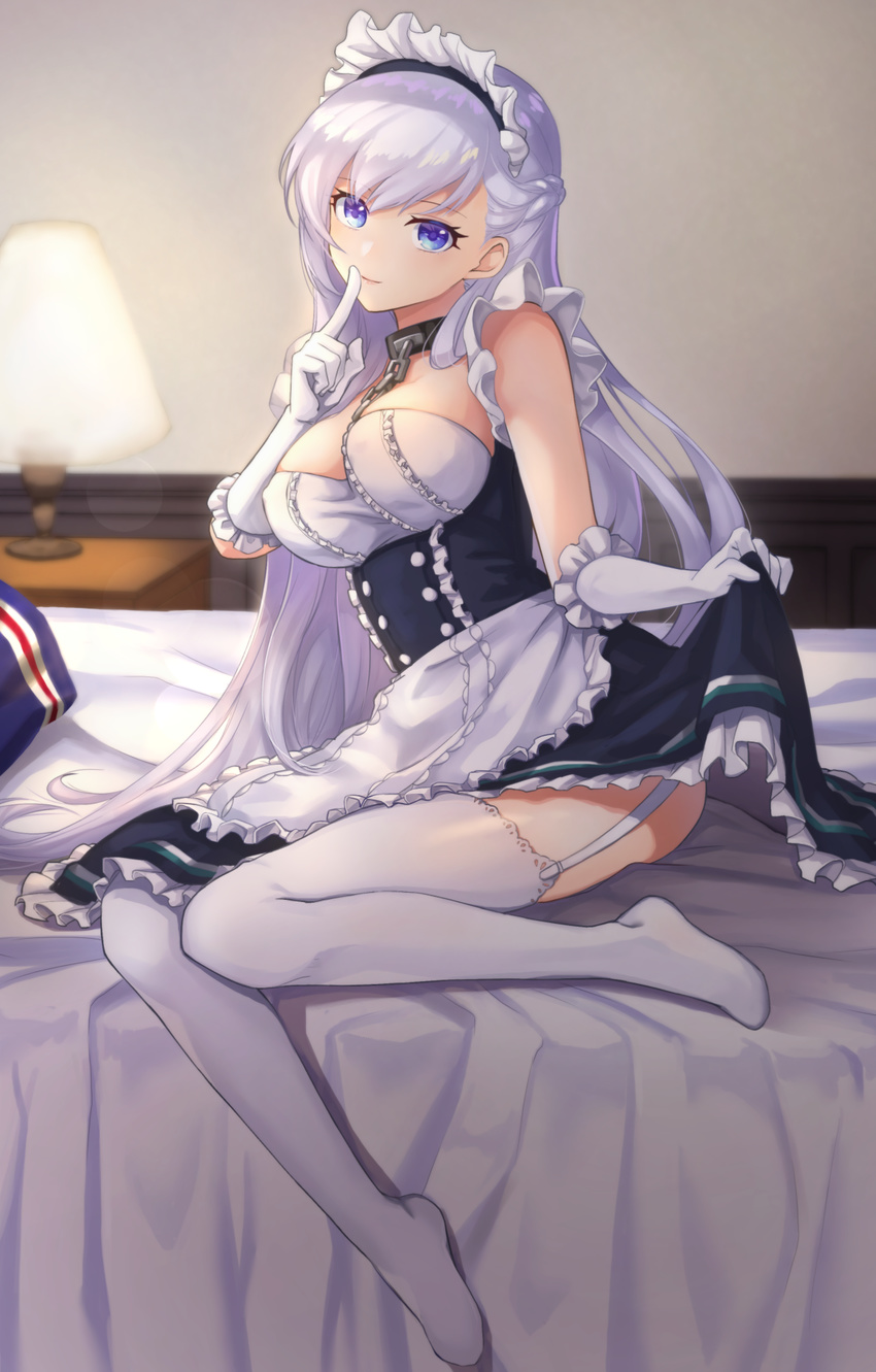 apron azur_lane bed bed_sheet belfast_(azur_lane) blue_eyes blurry braid breasts chains cleavage clothes_lift collar commentary depth_of_field desk_lamp dress dress_lift elbow_gloves female french_braid garter_straps gloves head_tilt highres index_finger_raised kon_(k0n16) lamp large_breasts lifting_own_clothes long_hair looking_at_viewer maid maid_apron maid_headdress no_shoes sitting smile solo thighhighs white_gloves white_hair white_thighhighs