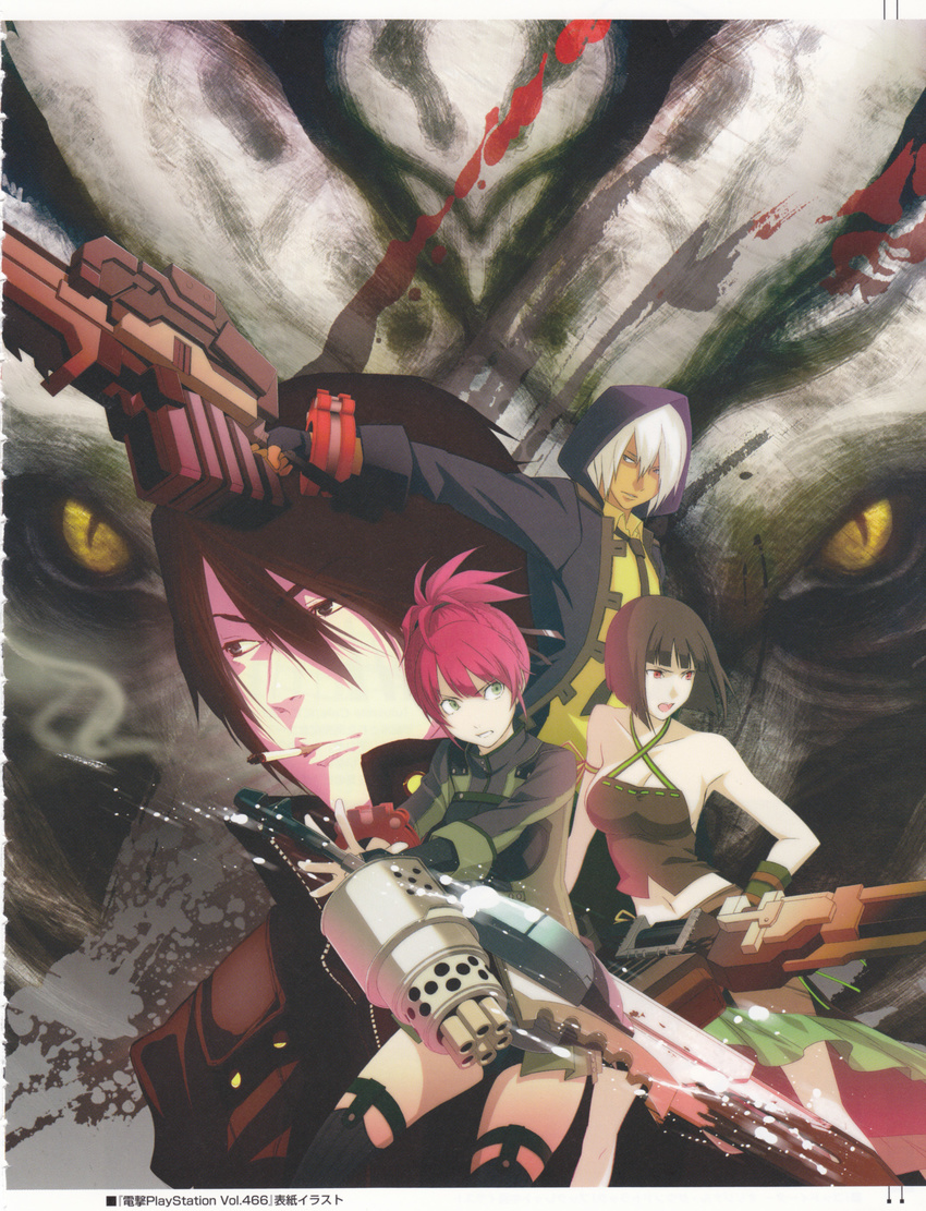 2boys 2girls absurdres amamiya_rindou aragami artist_request black_hair breasts cigarette dark_skin god_eater god_eater_burst highres hood medium_breasts multiple_boys multiple_girls necktie official_art photoshop_(medium) player_(god_eater_burst) red_eyes red_hair short_hair sideboob smoking soma_schicksal sword tachibana_sakuya_(god_eater) vajra_(god_eater) weapon white_hair yellow_eyes