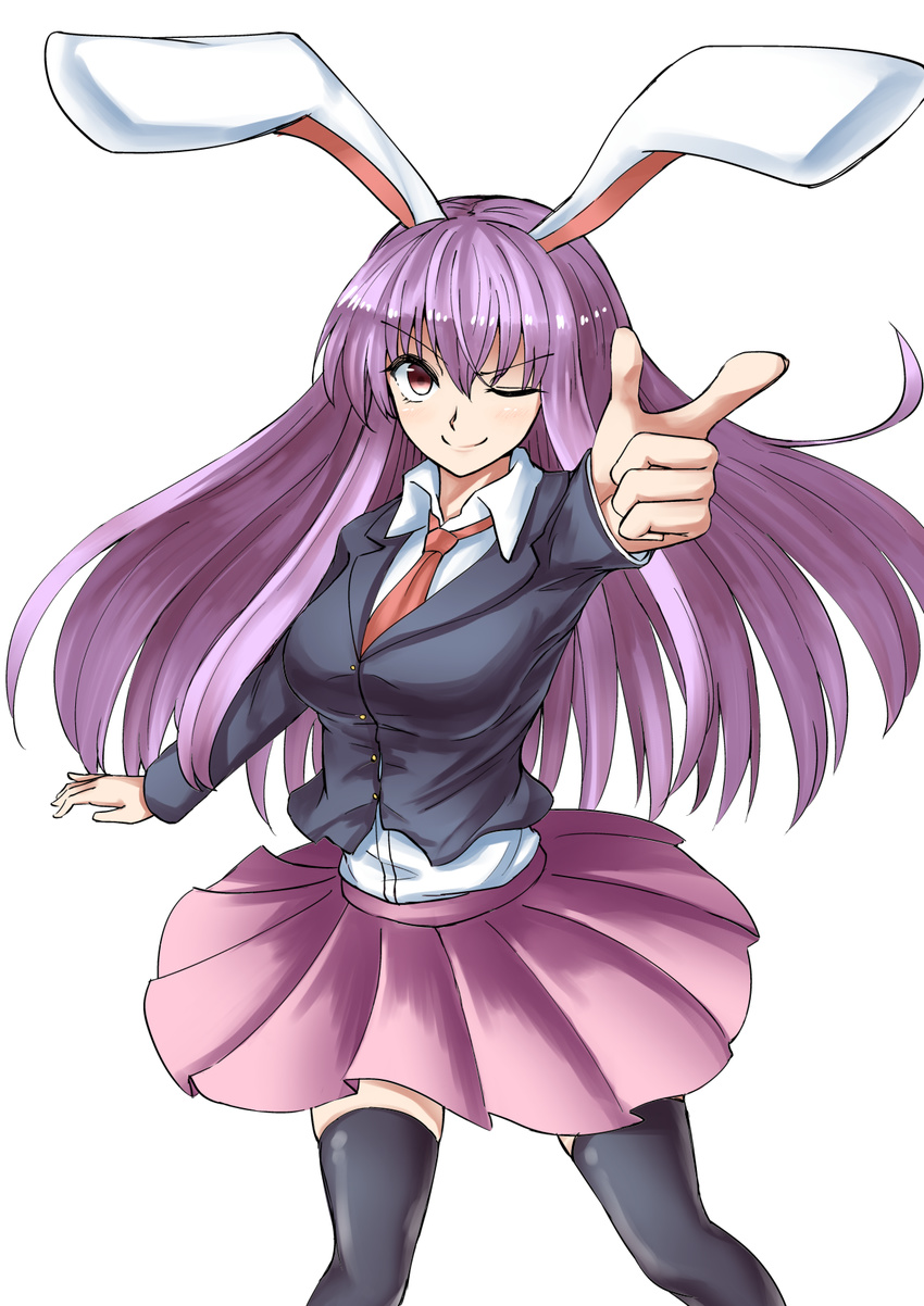 animal_ears black_thighhighs blazer blouse breasts commentary_request female finger_gun highres jacket large_breasts long_hair necktie one_eye_closed orinpachu pleated_skirt pointing purple_hair rabbit_ears red_eyes reisen_udongein_inaba shirt simple_background skirt smile solo thighhighs touhou white_background zettai_ryouiki