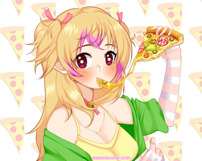 :t bad_id bad_twitter_id bell blonde_hair blush breasts cheese_trail cleavage collar collarbone company_name crush_crush eating elbow_gloves english_text eyebrows female fingerless_gloves food gloves green_jacket green_pepper hair_ribbon holding holding_food holding_pizza jacket long_hair medium_breasts mio_(crush_crush) multicolored_hair neck_bell neck_ribbon neuzu off_shoulder olive pepperoni pink_hair pink_ribbon pizza pizza_background red_eyes ribbon short_sleeves solo streaked_hair striped_clothes striped_gloves tank_top two-tone_hair two_side_up upper_body watermark white_background yellow_tank_top