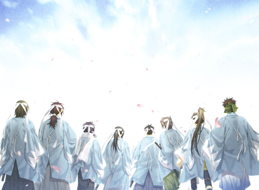 black_hair brown_hair green_hair hakuouki hakuouki_shinsengumi_kitan harada_sanosuke headband hijikata_toshizo japanese_clothes jpeg_artifacts katana kondou_isami long_hair male nagakura_shinpachi okita_souji purple_hair saitou_hajime sakura sakura_petals sakuras samurai sannan_keisuke short_hair sky sword toudou_heisuke wallpaper weapon yukata