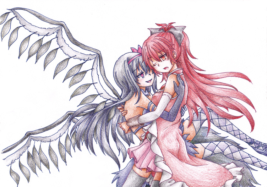 2girls akemi_homura akuma_homura argyle_clothes argyle_legwear bad_id bad_pixiv_id bare_shoulders black_gloves black_hair black_thighhighs bow choker detached_sleeves dress elbow_gloves feathered_wings gloves hairbow hug long_hair looking_at_another magical_girl mahou_shoujo_madoka_magica mahou_shoujo_madoka_magica:_hangyaku_no_monogatari multiple_girls one_eye_closed ponytail purple_eyes red_eyes red_hair sakura_kyoko sakura_kyoko_(magical_girl) simple_background smile spoilers thighhighs white_background wings wosusi yuri zettai_ryouiki