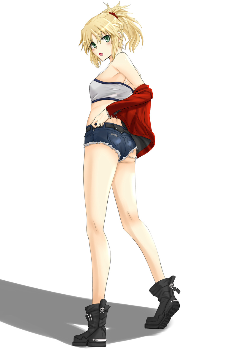 absurdres akashiro_sen ass blonde_hair boots commentary_request crop_top cutoffs denim denim_shorts fate/apocrypha fate_(series) female green_eyes hair_up highres jacket looking_back mordred_(fate) mordred_(fate/apocrypha) mordred_(memories_at_trifas)_(fate) off_shoulder ponytail red_jacket short_shorts shorts solo strapless tube_top