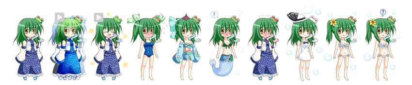 ! >_< ? ^_^ afterimage alternate_hairstyle bare_shoulders blue_one-piece_swimsuit breasts cleavage closed_eyes commentary_request cosplay detached_sleeves dress embarrassed expressionless female frog_hair_ornament full_body hair_ornament hair_ribbon highres japanese_clothes karakasa_obake kimono kochiya_sanae konpaku_youmu_(ghost) lineup long_hair medium_breasts mermaid monster_girl multiple_views navel off_shoulder one-piece_swimsuit open_mouth osashin_(osada) ponytail ribbon sarong skirt smile smirk snake_hair_ornament spoken_exclamation_mark spoken_question_mark swimsuit tongue tongue_out touhou transparent_background twintails umbrella variations wakasagihime wakasagihime_(cosplay) white_dress wide_image yellow_eyes yukata