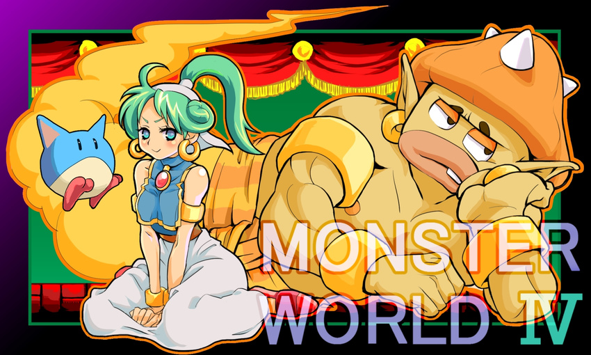 ahoge arabian_clothes armlet asha_(monster_world) banned_artist bare_shoulders blue_eyes blush bracelet chin_rest earrings genie green_hair hoop_earrings jewelry kamiomutsu lips monster_world monster_world_iv muscle pepelogoo ponytail sitting smile tabard v_arms wariza