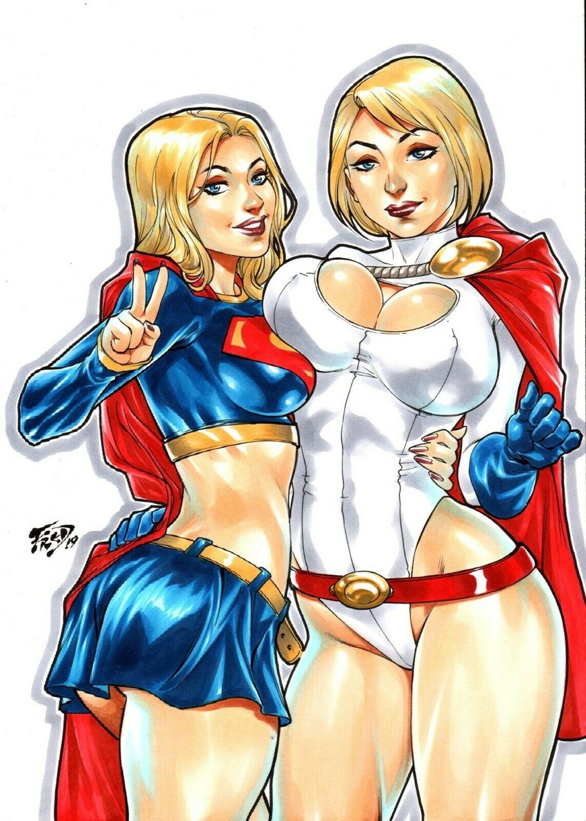 2019 2girls ass belt big_breasts blonde_hair blue_eyes breast_press cape cleavage cleavage_cutout dc dc_comics eyeshadow female female_only fred_benes hand_around_waist kara_zor-el kara_zor-l lipstick makeup naughty pinup power_girl selfcest supergirl superheroine superman_(series)