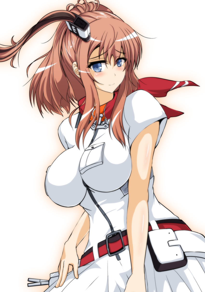 absurdres belt blue_eyes blush breast_pocket breasts brown_hair commentary_request dress female hair_between_eyes high_side_ponytail highres impossible_clothes kantai_collection large_breasts neckerchief photoshop_(medium) pocket ponytail red_neckerchief sangyou_haikibutsu_a saratoga_(kancolle) short_hair side_ponytail smile solo white_dress