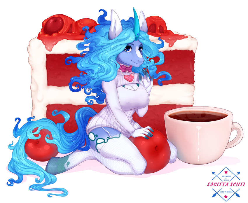 anthro blue_eyes breasts cleavage clothed clothing equid equine female food hi_res horn mammal mythological_creature mythological_equine mythology pirorafrostfire sagittascuti simple_background solo unicorn white_background