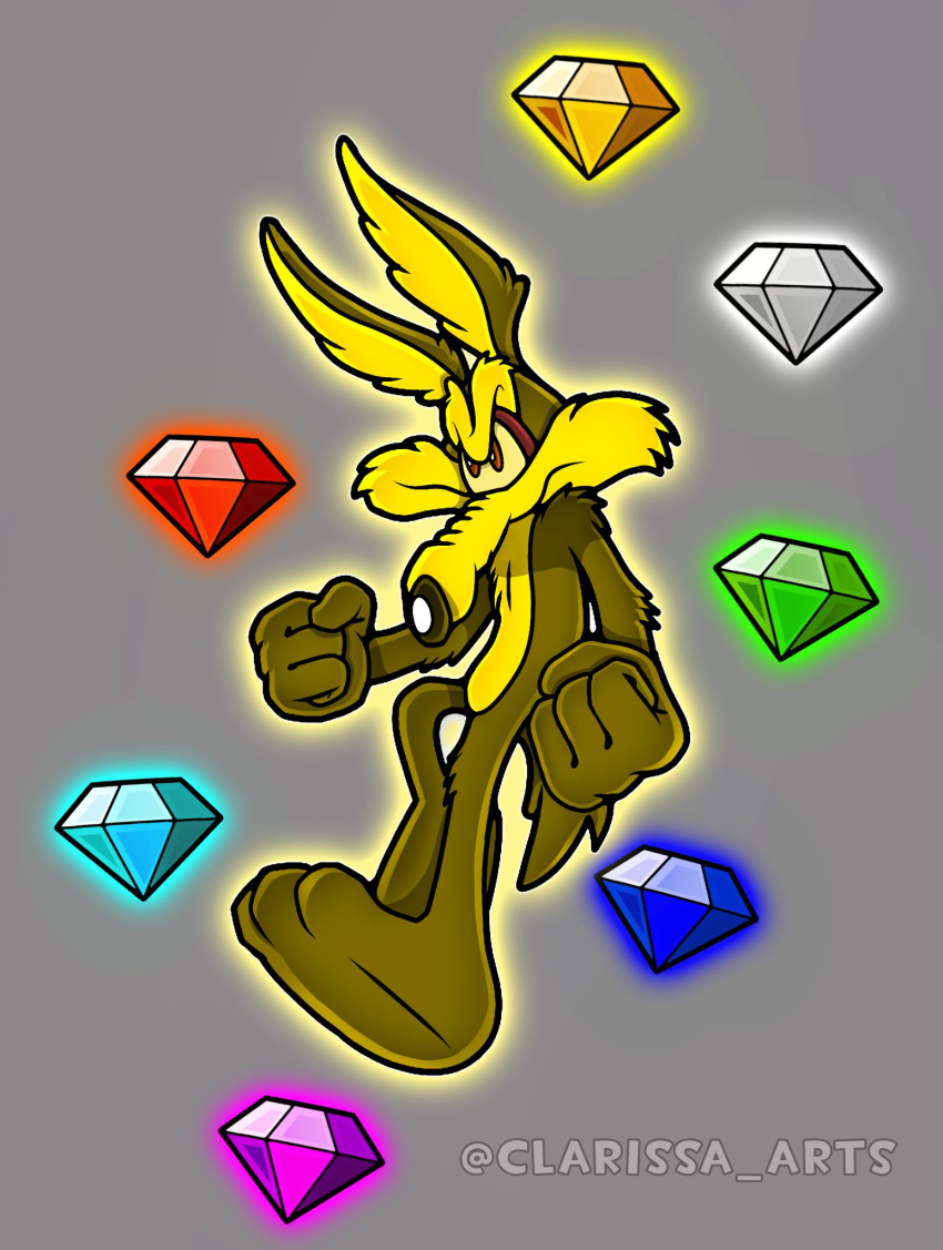 2019 4_fingers anthro artist_name canid canine canis chaos_emerald clarissa_arts coyote crossover fingers fur gem grey_background hi_res looney_tunes male mammal sega simple_background solo sonic_the_hedgehog sonic_the_hedgehog_(series) super_form super_sonic toony warner_brothers wile_e._coyote