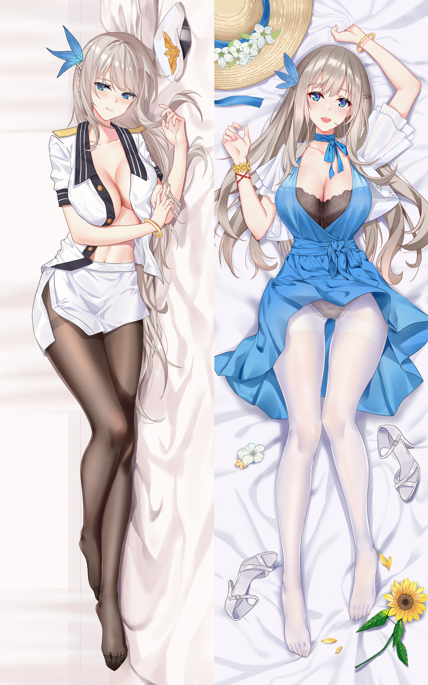 5plus black_pantyhose blue_eyes breasts chinese_commentary cleavage dakimakura_(medium) feet female highres legs lexington_(warship_girls_r) multiple_views no_shoes panties panties_under_pantyhose pantyhose shoes underwear unworn_shoes warship_girls_r white_legwear