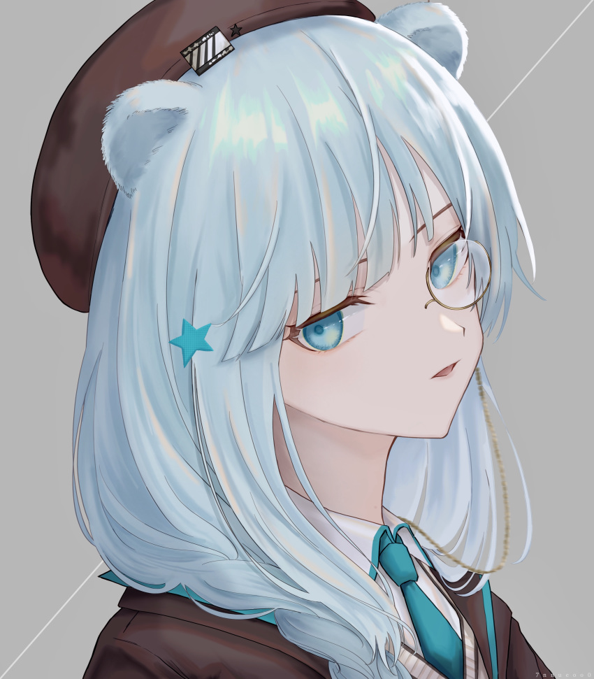 absurdres animal_ears arknights bad_id bad_pixiv_id bear_ears beret blue_eyes blue_hair blue_necktie brown_hat commentary female grey_background hair_ornament hat head_tilt highres istina_(arknights) looking_at_viewer monocle necktie parted_lips portrait simple_background solo star_(symbol) star_hair_ornament wozuya