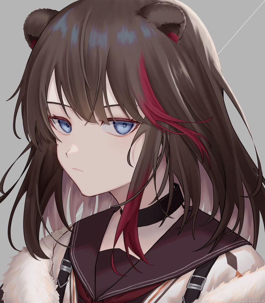 absurdres animal_ears arknights bad_id bad_pixiv_id bear_ears black_choker black_sailor_collar blue_eyes brown_hair choker commentary_request female grey_background highres long_hair looking_at_viewer multicolored_hair portrait red_hair sailor_collar solo streaked_hair wozuya zima_(arknights)