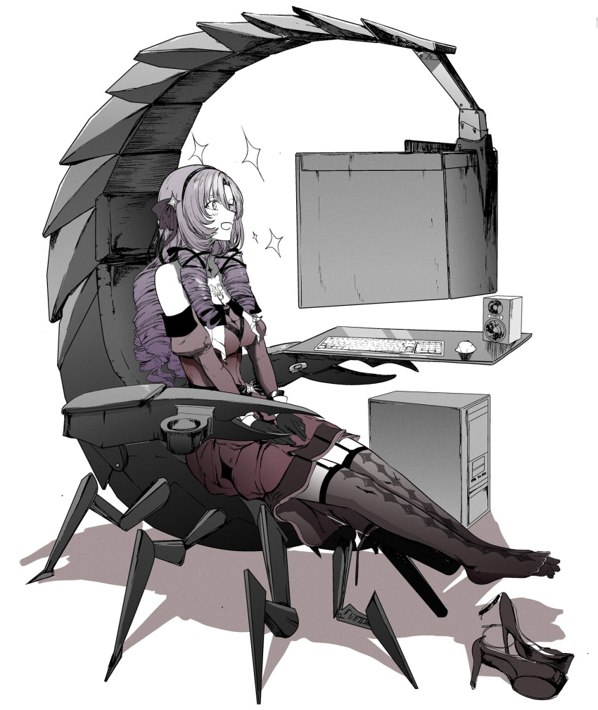 argyle_clothes argyle_legwear black_gloves chair commentary_request computer computer_keyboard computer_mouse computer_tower cup_holder desk dress drill_hair female gaming_chair garter_straps gloves hair_ribbon hairband hands_on_lap high_heels highres hyakumantenbara_salome hyakumantenbara_salome_(1st_costume) iw-sk_scorpion_chair long_hair looking_at_screen monitor multiple_monitors muted_color nijisanji outstretched_legs purple_hair red_dress ribbon scorpion_tattoo shoes simple_background sitting smile solo sparkle speaker strapless strapless_dress strappy_heels swivel_chair syatey tattoo thighhighs unworn_shoes virtual_youtuber white_background