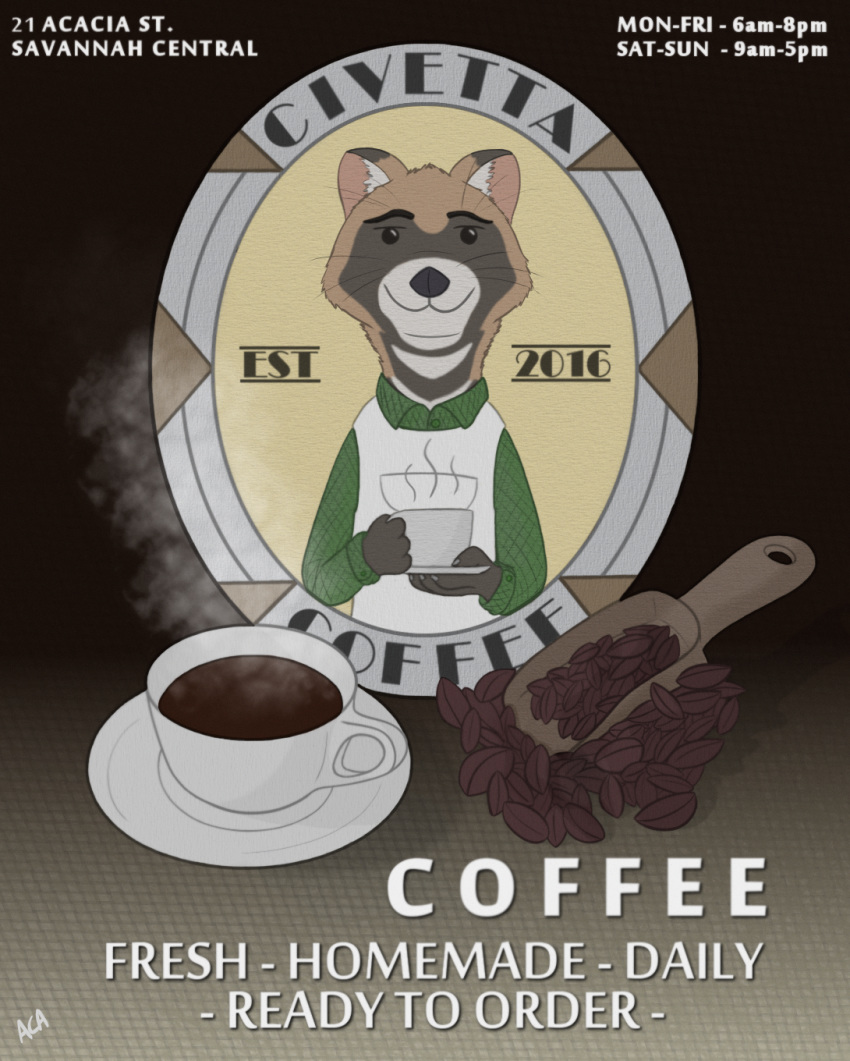 advertisement ambiguous_gender anothercolouranon anthro beverage civet clothed clothing coffee container cup disney english_text hi_res holding_object inner_ear_fluff mammal plate solo text tuft viverrid zootopia