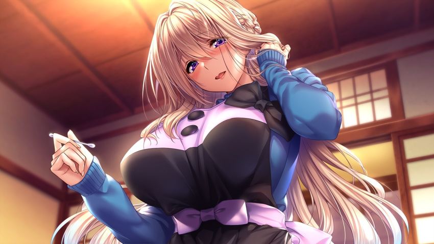 :d amakano_2 blonde_hair blush braid breasts cardigan cotton_swab dress female french_braid hair_between_eyes holding lap_pillow large_breasts long_hair long_sleeves looking_at_viewer open_mouth piromizu pov purple_eyes sidelocks smile solo tsutamachi_chitose tucking_hair very_long_hair