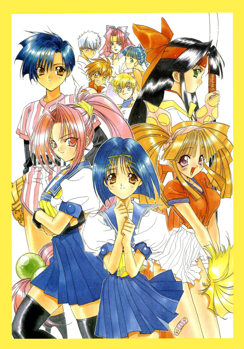 1990s_(style) 6+girls aqua_hair asuka_120_percent bandaid bandaid_on_leg baseball_mitt baseball_uniform black_gloves black_hair black_legwear blonde_hair blue_hair blue_sailor_collar blue_skirt border bow brown_eyes brown_hair cathy_wild crossed_arms curly_sidelocks dark_blue_hair fingerless_gloves gloves green_eyes hair_bobbles hair_ornament headband high-waist_skirt high_ponytail highres holding holding_weapon honda_asuka houjou_torami long_hair low-tied_long_hair mitarai_kiyoko multiple_girls naginata nanase_aoi neckerchief non-web_source oerba_yun_fang official_art one_eye_closed ookubo_kumi open_mouth orange_hair owada_nana parted_lips photoshop_(medium) pink_eyes pink_hair pleated_skirt polearm pom_pom_(cheerleading) ponytail profile puffy_sleeves purple_eyes retro_artstyle reverse_trap sailor_collar school_uniform serafuku shindou_tamaki short_hair short_sleeves shorts skirt smile sportswear suzuki_megumi thighhighs toyota_karina traditional_media twintails v_arms very_long_hair weapon white_hair white_skirt yamazaki_ryuuko yellow_bow zettai_ryouiki