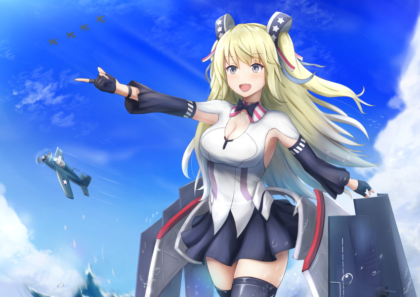 aircraft amano_kusatsu black_thighhighs blonde_hair blue_bow blue_bowtie blue_eyes blue_gloves blue_oath blue_skirt blue_sky bow bowtie breasts cleavage female fingerless_gloves gloves hair_ornament highres long_hair looking_away medium_breasts open_mouth saratoga_(blue_oath) simple_background skirt sky smile solo standing thighhighs water_drop