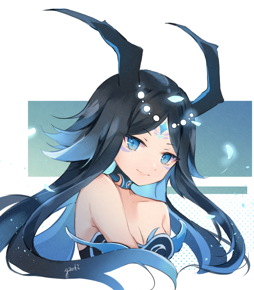 absurdres bare_shoulders blue_eyes blue_hair bonanus_(genshin_impact) breasts cleavage facial_mark female forehead_mark genshin_impact highres horns long_hair parted_bangs sidelocks smile solo yanti