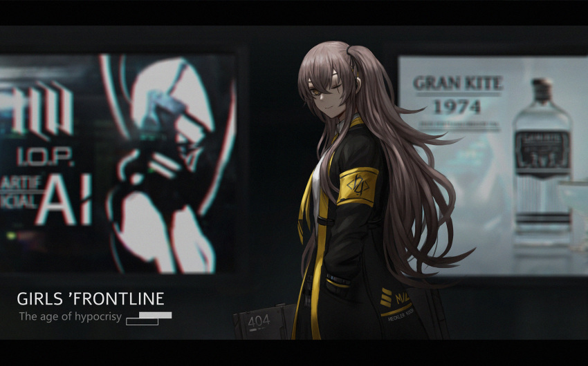 404 404_(girls'_frontline) 404_logo_(girls'_frontline) armband black_jacket brown_eyes brown_hair commentary_request copyright_name english_text female girls'_frontline hand_in_pocket highres http_status_code jacket long_hair looking_at_viewer one_eye_closed photoshop_(medium) scar scar_across_eye scar_on_face selcky smile solo ump45_(girls'_frontline) yellow_armband