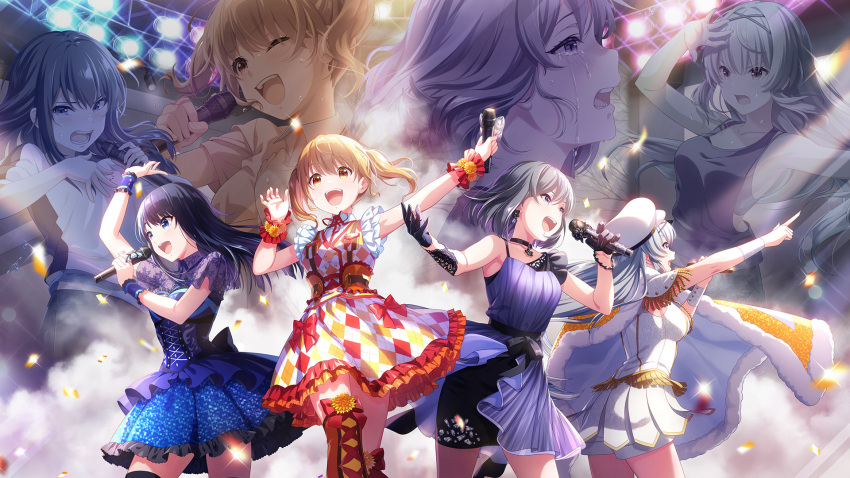 4girls black_hair blonde_hair blue_eyes choker collar dress flying_sweatdrops frills grey_hair hat highres idoly_pride kanzaki_rio kawasaki_sakura_(idoly_pride) looking_afar messy_hair microphone multiple_girls music nagase_kotono official_art open_mouth orange_eyes purple_eyes qp:flapper shirt short_hair singing stage_lights sweat t-shirt tank_top tears tendou_rui third-party_source twintails uniform wrist_cuffs