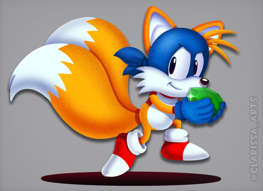 anthro canid canine chaos_emerald clarissa_arts cosplay crossover dora_the_explorer fox gem hi_res looking_back male mammal mask nickelodeon on_model running sega side_view smile solo sonic_the_hedgehog_(series) swiper_(dora_the_explorer) tails thin_calves thin_legs thin_thighs toony