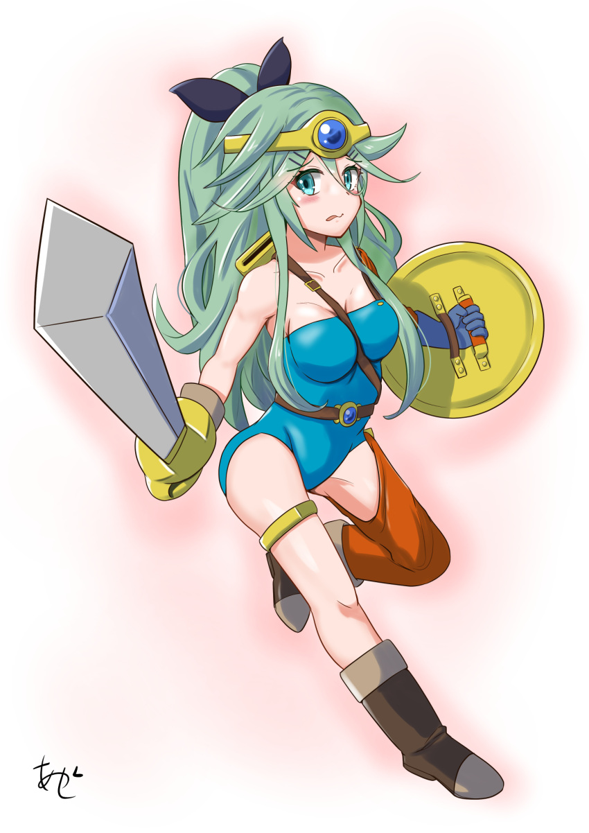 akashieru artist_logo asymmetrical_clothes bare_shoulders black_ribbon blue_gemstone blue_leotard breasts circlet color_connection cosplay dragon_quest dragon_quest_iv female full_body gem gloves green_eyes green_hair hair_between_eyes hair_color_connection hair_ornament hair_ribbon hairclip heroine_(dq4) heroine_(dq4)_(cosplay) highres holding holding_shield holding_sword holding_weapon kantai_collection leotard long_hair looking_at_viewer parted_bangs ponytail ribbon shield sidelocks signature solo strapless strapless_leotard sword weapon yamakaze_(kancolle)