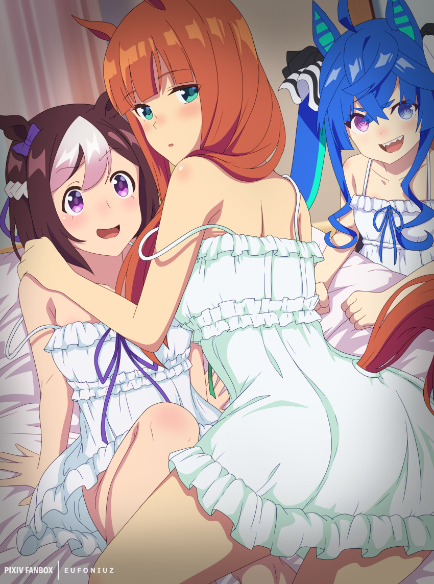 3girls absurdres ahoge animal_ears aqua_hair bad_id bad_pixiv_id blue_eyes blue_hair blunt_bangs blush bob_cut brown_hair chemise commentary ear_ribbon english_commentary english_text eufoniuz green_eyes hachimaki hair_ribbon hand_on_another's_shoulder headband heterochromia highres horse_ears horse_girl knee_up kneeling leaning_forward lingerie long_hair looking_at_another looking_at_viewer looking_back mixed-language_commentary multicolored_hair multiple_girls on_bed orange_hair parted_lips purple_eyes ribbon sharp_teeth sidelocks silence_suzuka_(umamusume) sitting special_week_(umamusume) straight_hair strap_slip streaked_hair teeth twin_turbo_(umamusume) twintails two-tone_hair umamusume underwear watermark white_hair white_headband white_ribbon yuri